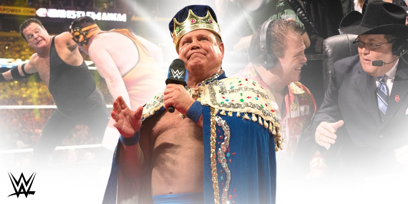Jerry Lawler dressed up as the king, in a match with Michael Cole, commentating with Jim Ross
