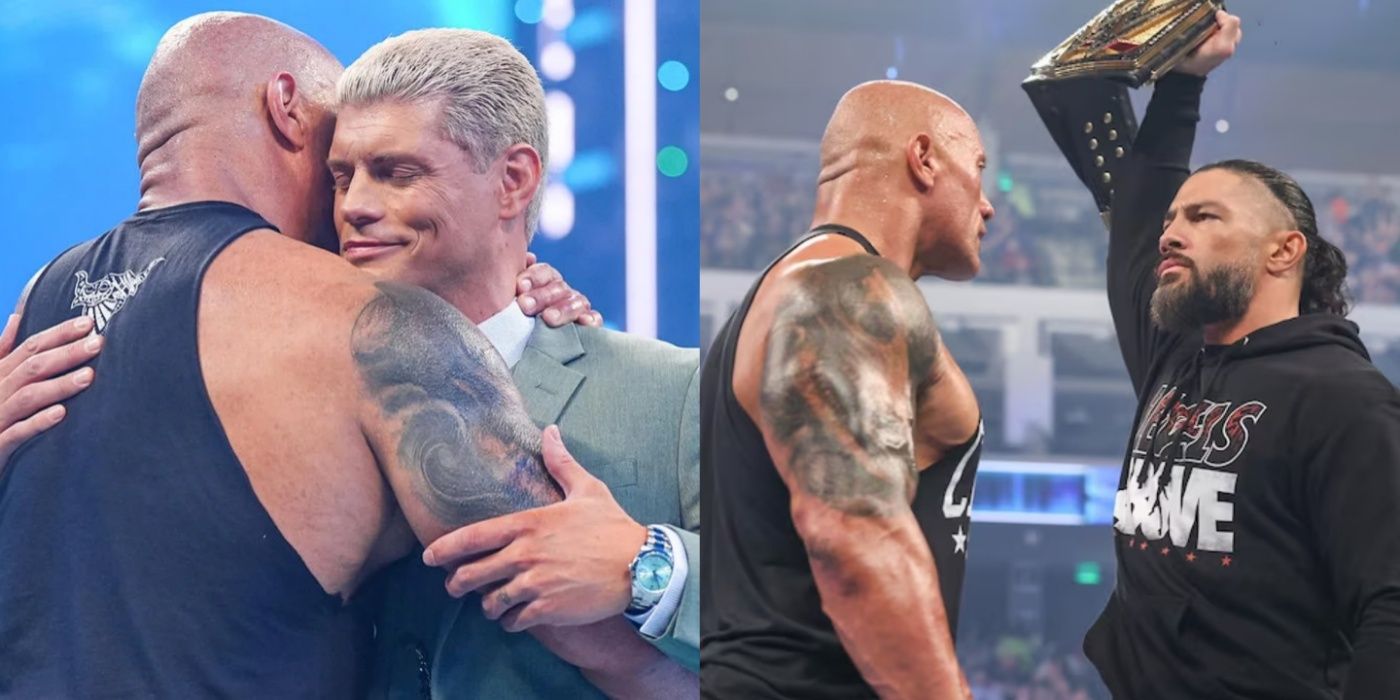The Rock with Cody Rhodes and Roman Reigns on SmackDown
