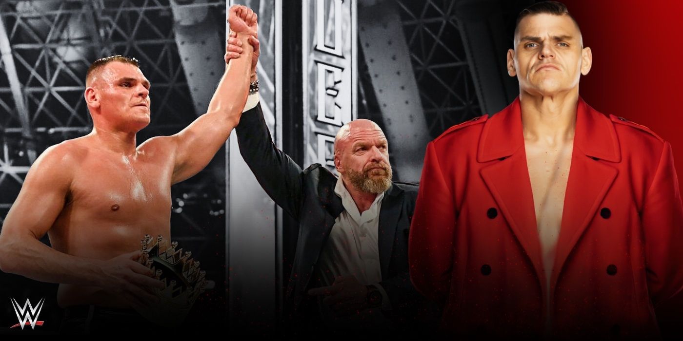Triple H holding up Gunther's hand after winning King of the Ring, Gunther in a red coat