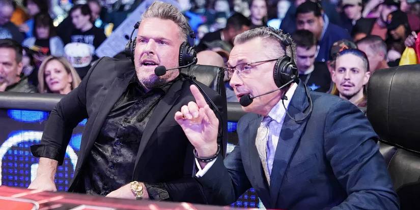 Pat McAfee and Michael Cole doing commentary on WWE Raw