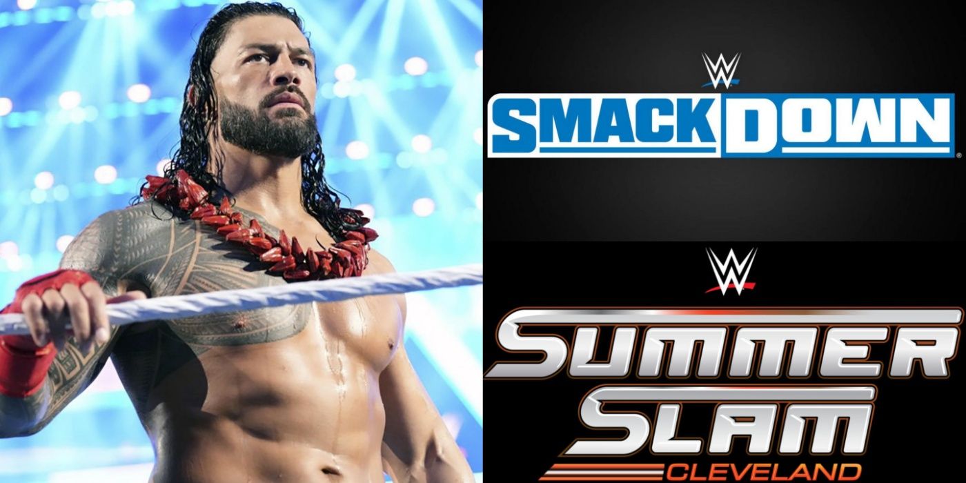 Roman Reigns and the SmackDown and SummerSlam logos