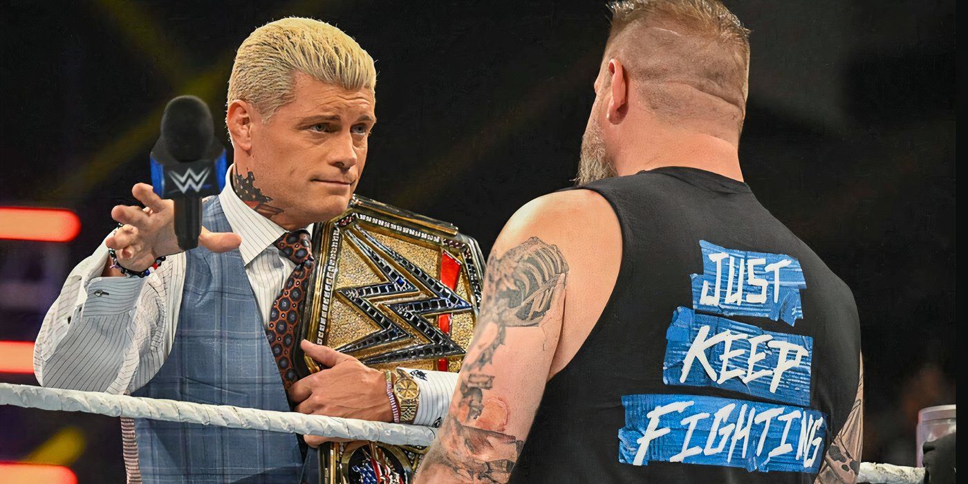 Cody Rhodes drops the mic during a promo with Kevin Owens on WWE SmackDown