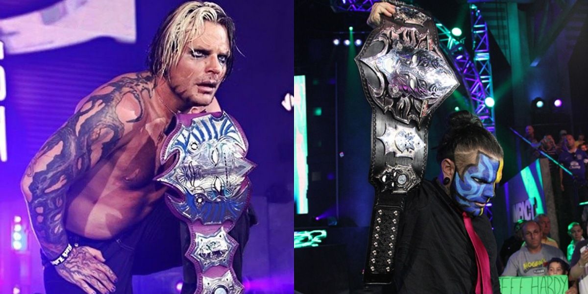 Split screen. Jeff Hardy with two versions of his custom TNA World Championship.