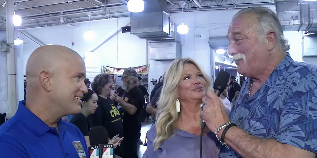 Jake Roberts and his wife Cheryl are interviewed by a local news team