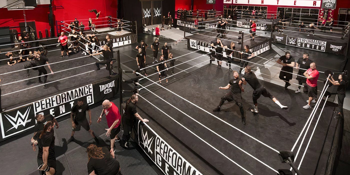 Wrestlers train in several rings at the WWE Performance Center