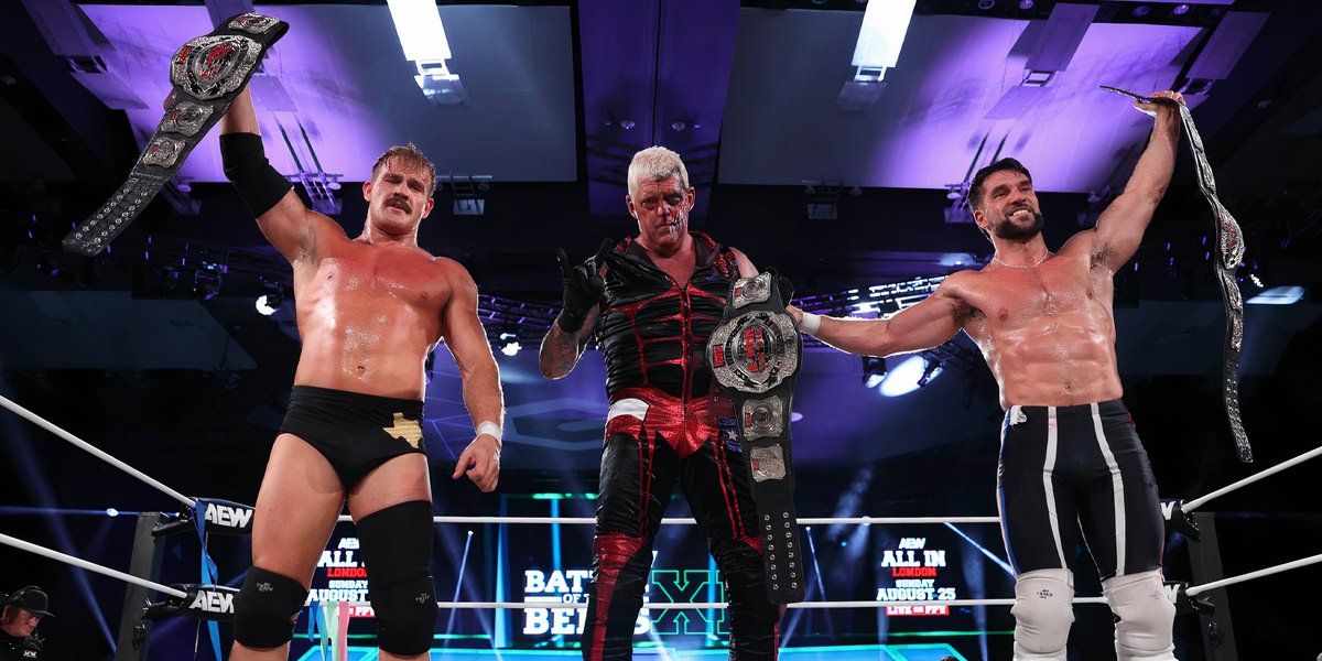 Ross and Marshall Von Erich and Dustin Rhodes pose as ROH World Six Man Tag Team Champions