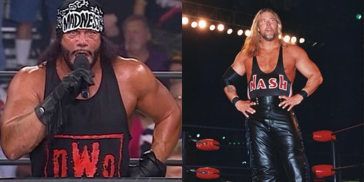 Split screen. Randy Savage and Kevin Nash in the Wolfpac.