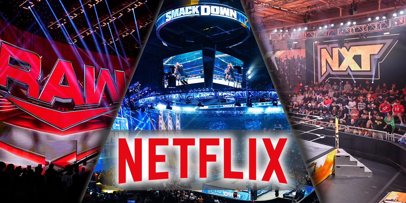 The Netflix logo in front of WWE Raw, SmackDown, and NXT crowds