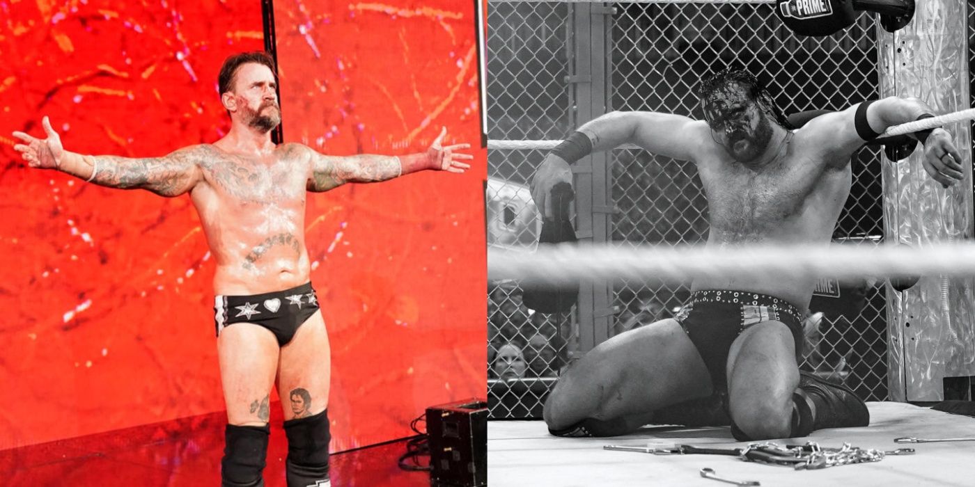 cm punk posing, and drew mcintyre bloodied in the corner of the ring