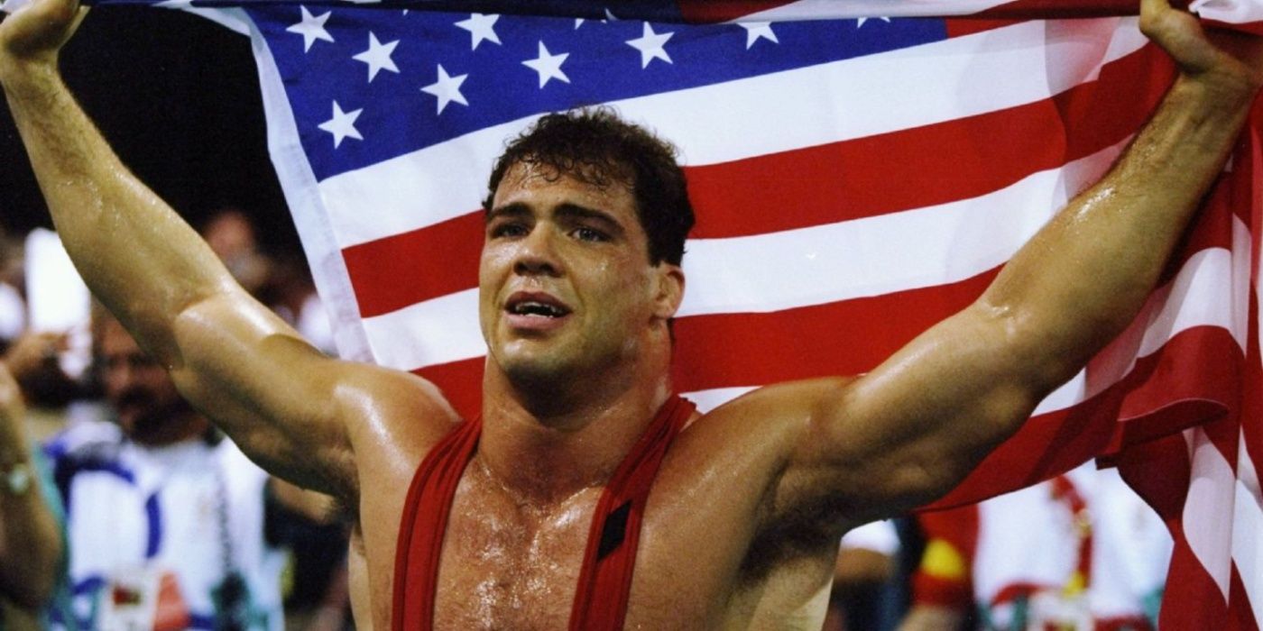 Kurt angle holding an American flag