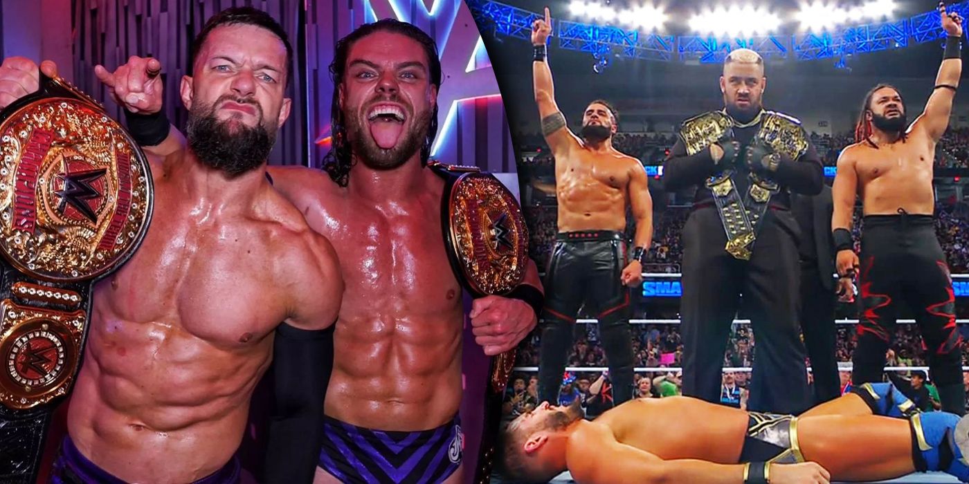 The Judgment Day and The Bloodline as tag team champions in WWE