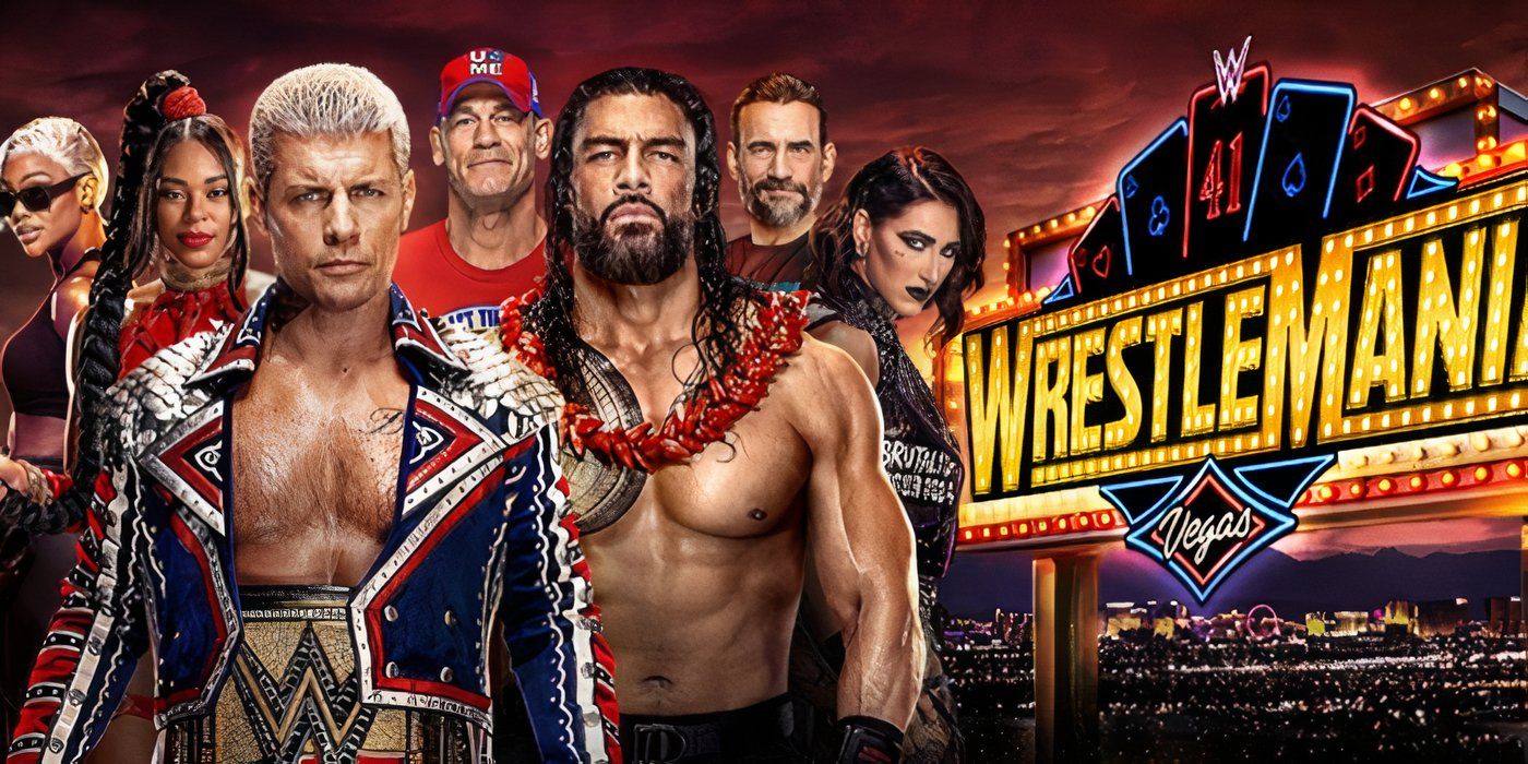 WWE superstars next to the Wrestlemania Vegas sign.