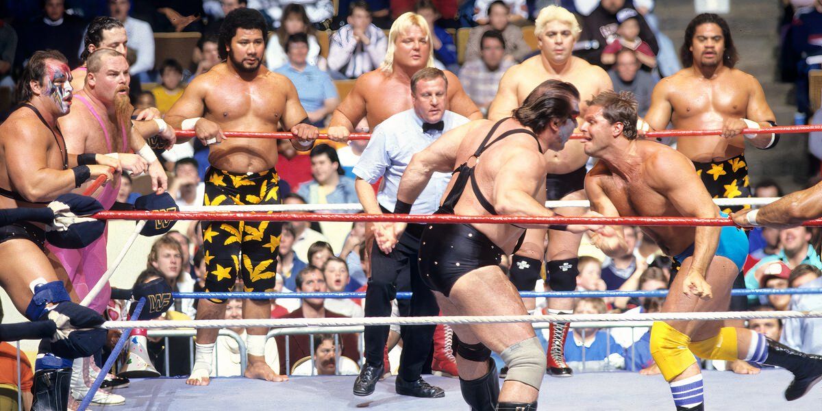 The Fabulous Rougeaus work on Demolition at WWF Survivor Series 1987