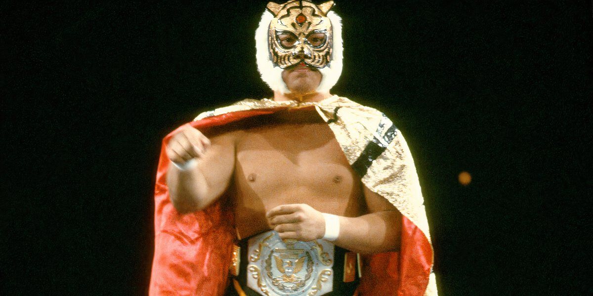 Tiger Mask stands as WWF Junior Heavyweight Champion in the 1980s