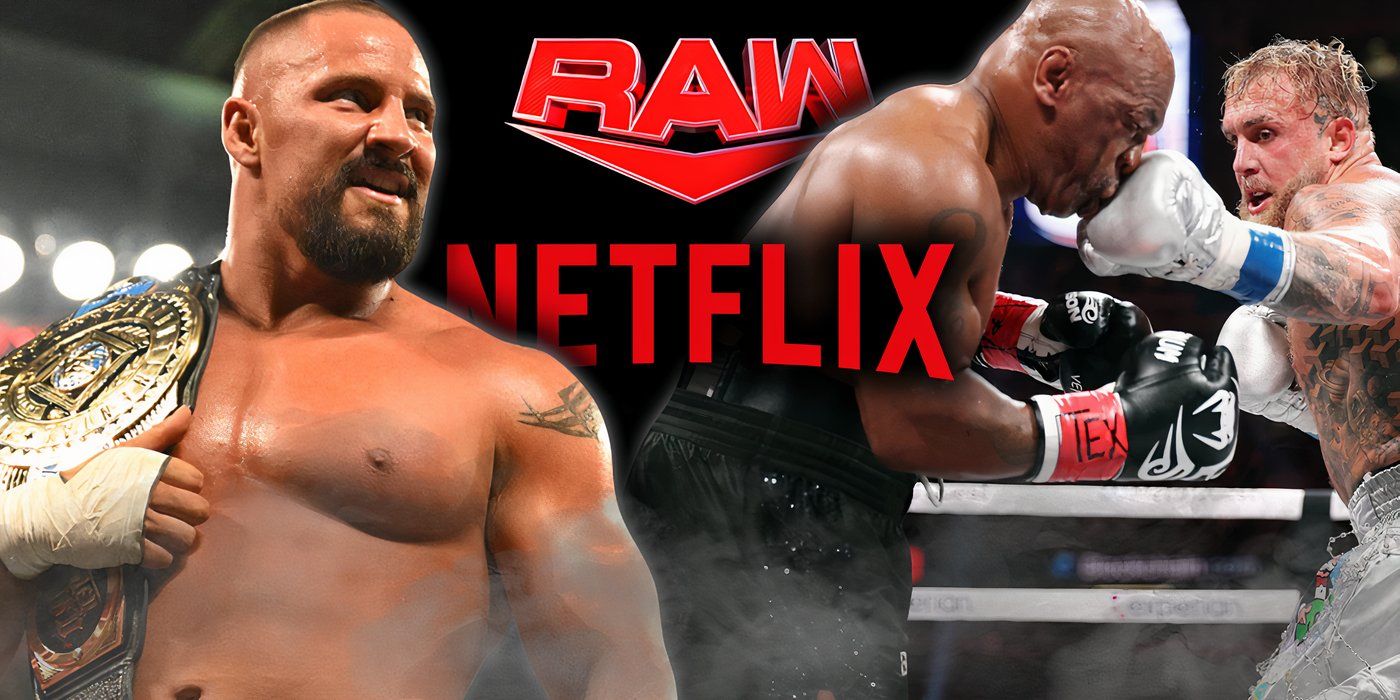 WWE Raw and Netflix logos between Bron Breakker and Mike Tyson vs. Jake Paul