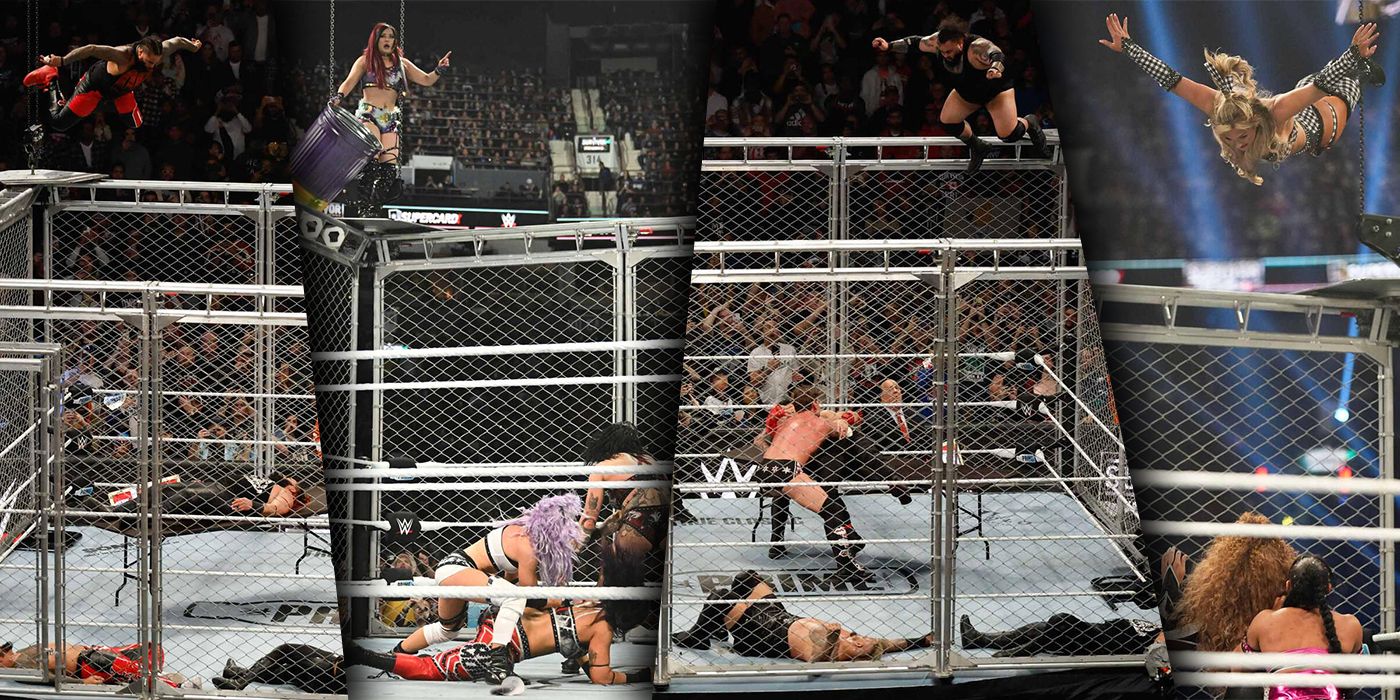 Wrestlers jumping off cages in the men's and women's Survivor Series: WarGames matches