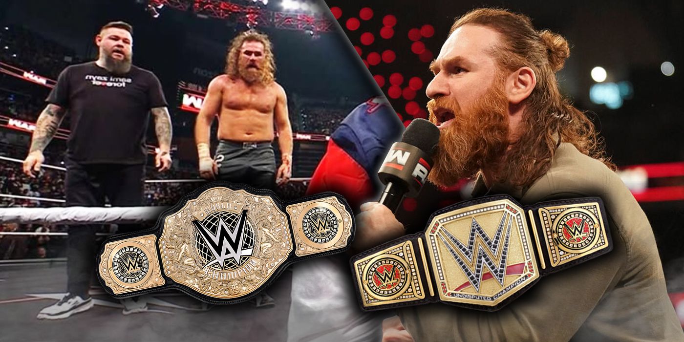 Sami Zayn with Kevin Owens and giving a promotion, the world heavyweight and WWE championships