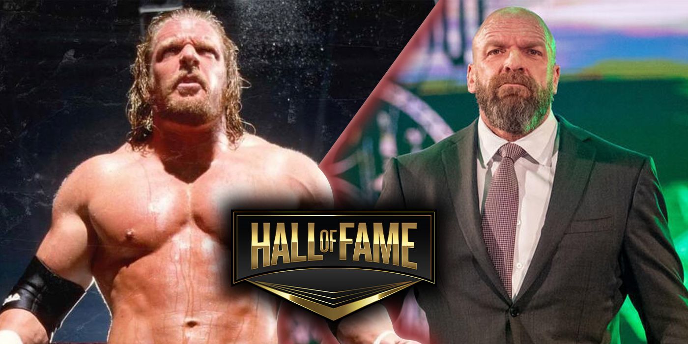 Triple H as a wrestler and in a suit behind the WWE Hall of Fame logo