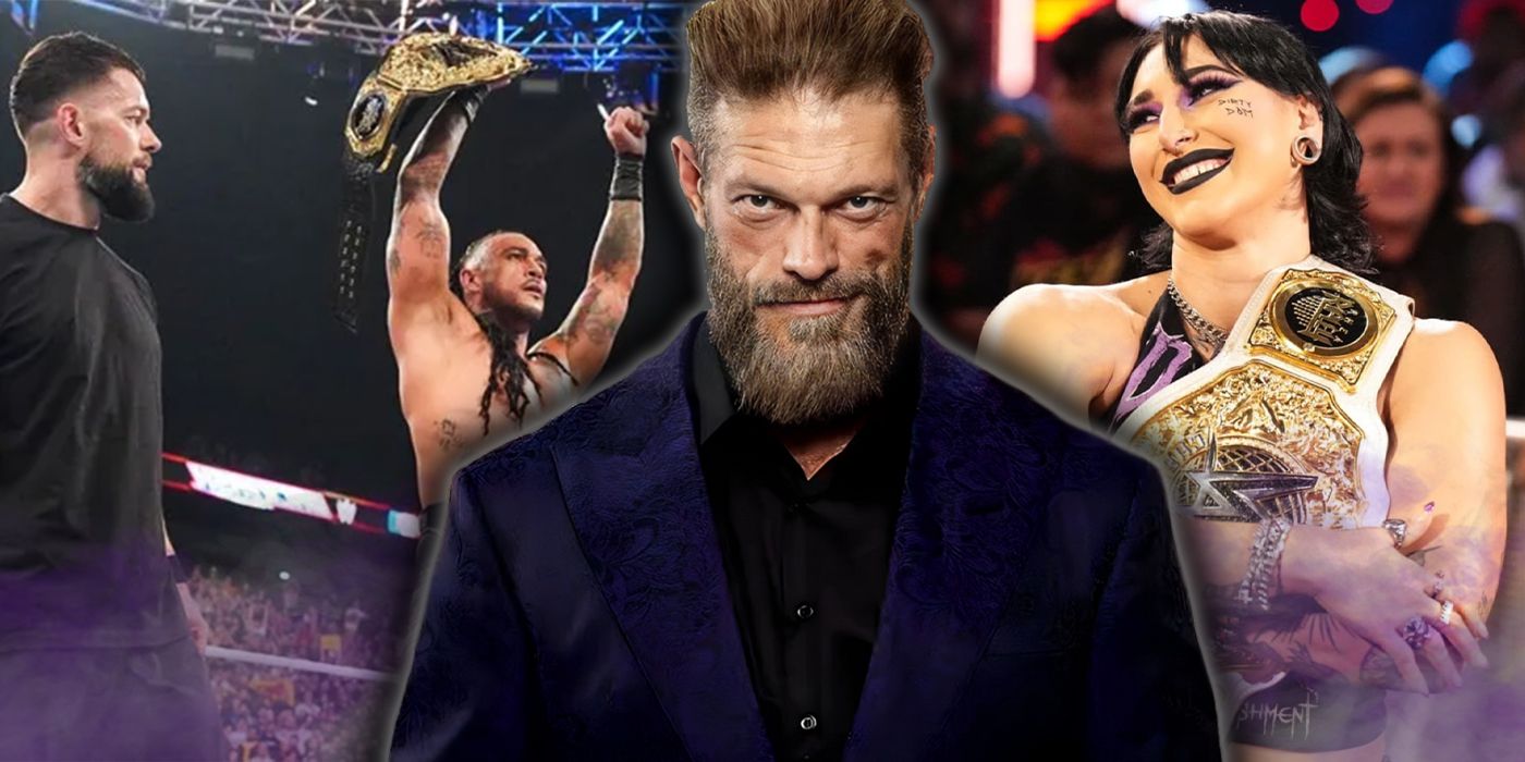 Edge in the Judgment Day surrounded by Damian Priest and Rhea Ripley as champions
