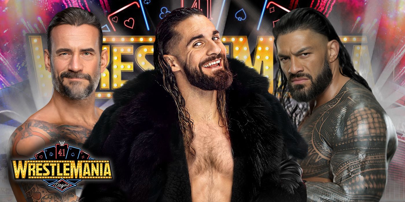 CM Punk, Seth Rollins, Roman Reigns and the Wrestlemania 41 logo