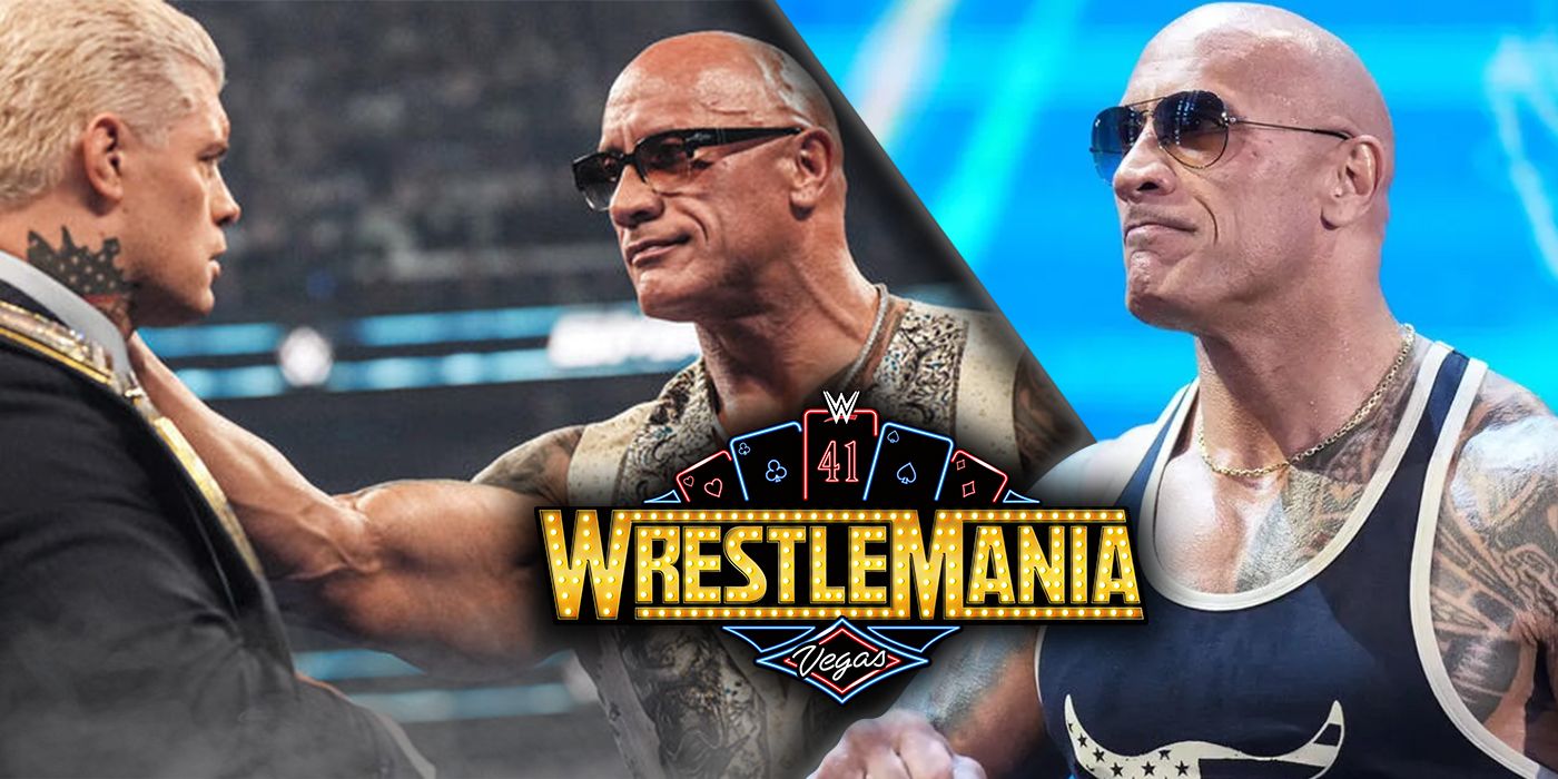 The Rock in WWE, with Cody Rhodes on SmackDown, the WrestleMania 41 logo