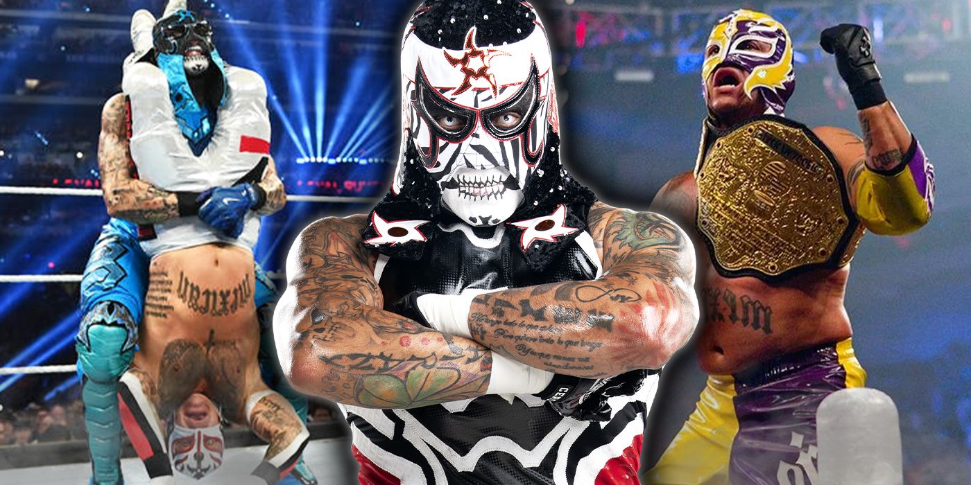 Rey Mysterio and Penta in the Royal Rumble, Penta with his arms crossed, Rey Mysterio as World Champion