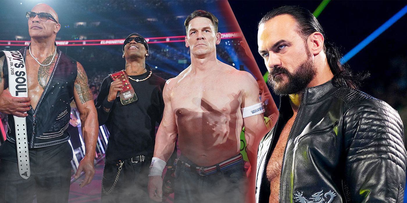 The Rock, Travis Scott, and John Cena at Elimination Chamber, Drew McIntyre looking angry