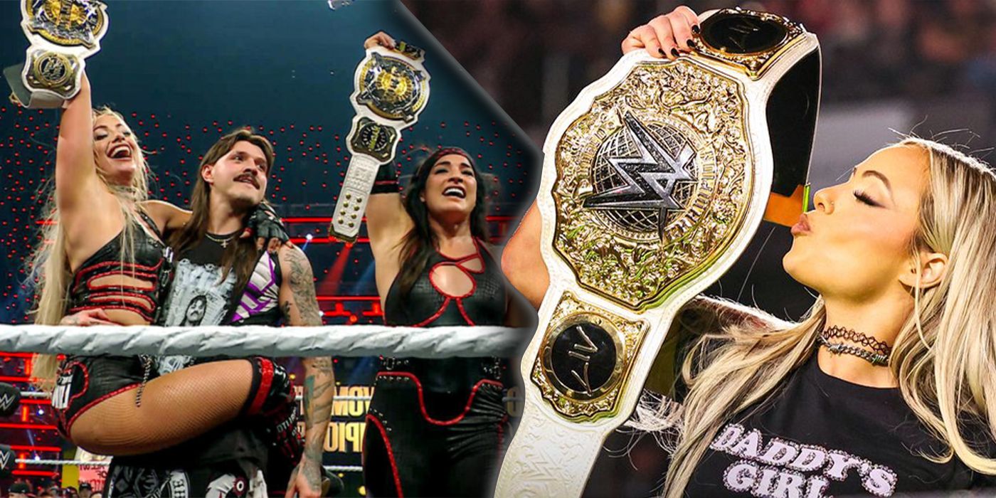 Liv Morgan as a WWE Women's Tag Team Champion with Raquel Rodriguez and Dominik Mysterio