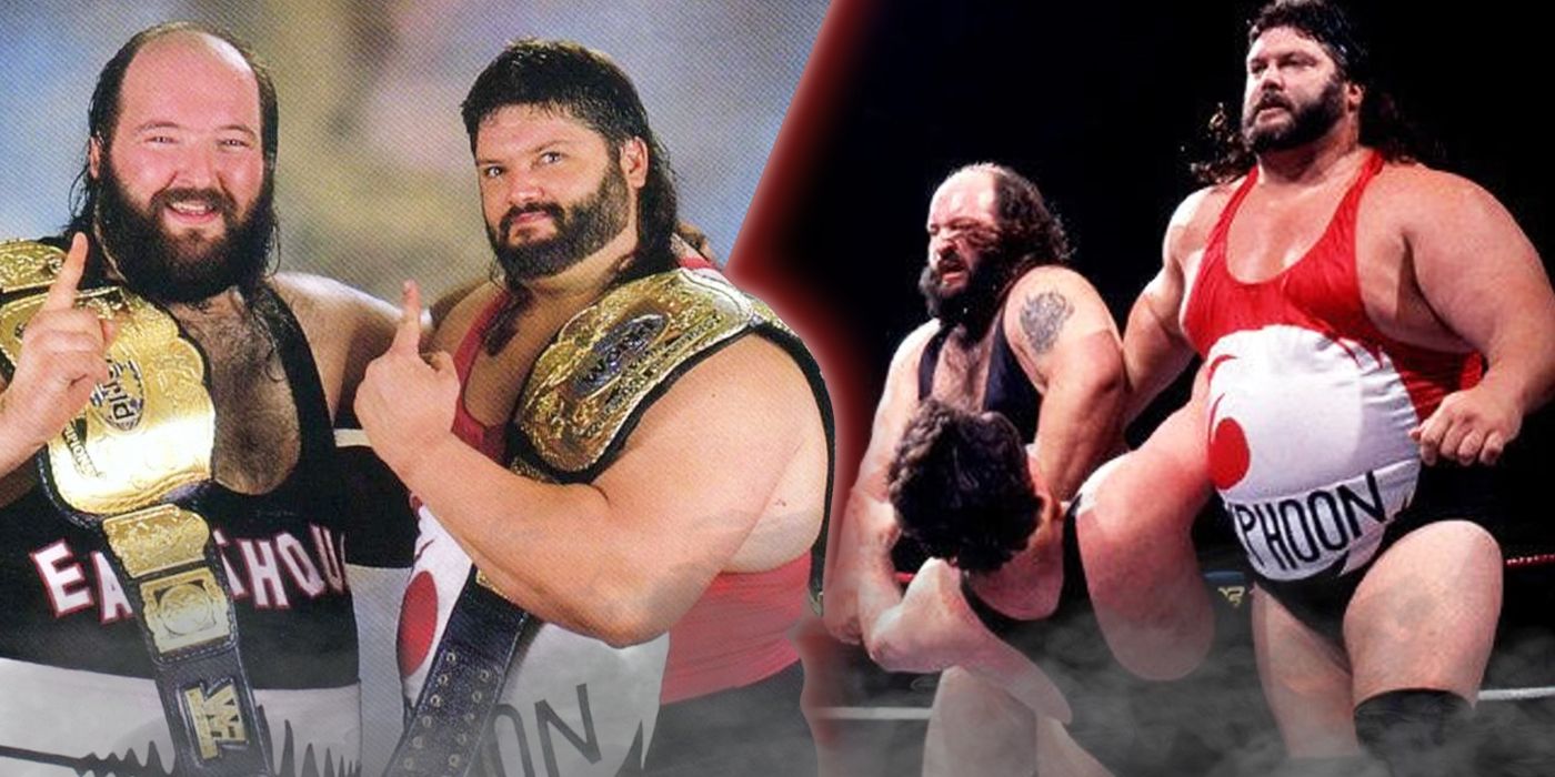 The Natural Disasters, Earthquake and Typhoon, as the WWE Tag Team Champions