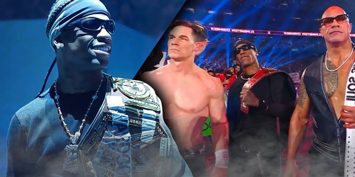 Travis Scott in WWE and with John Cena and The Rock at Elimination Chamber