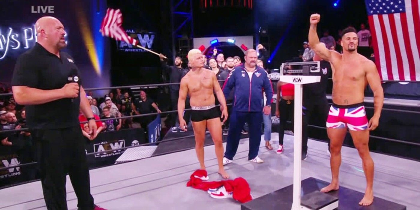 Cody Rhodes and Antony Ogogo doing a weigh-in on AEW Dynamite