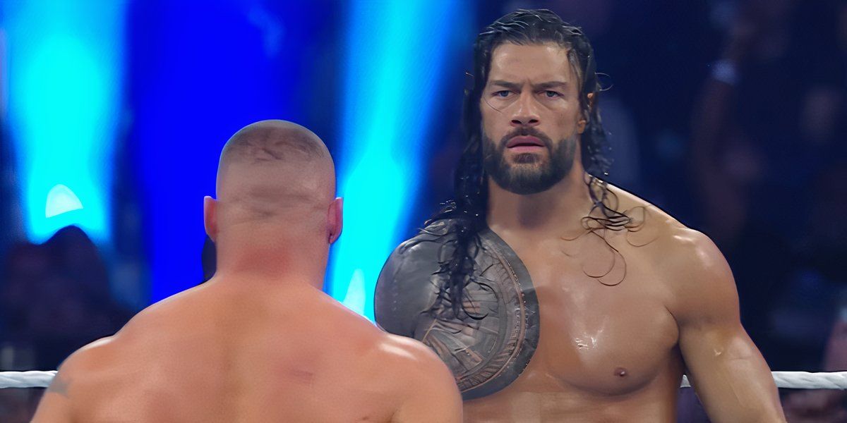 Bron Breakker and Roman Reigns stare each other down at WWE Royal Rumble 2025