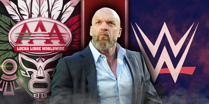 Triple H standing in between logos for AAA and WWE