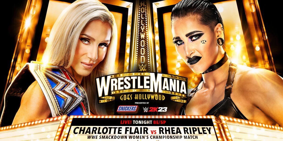 WWE WrestleMania 39 Saturday's Charlotte Flair vs. Rhea Ripley Match Graphic