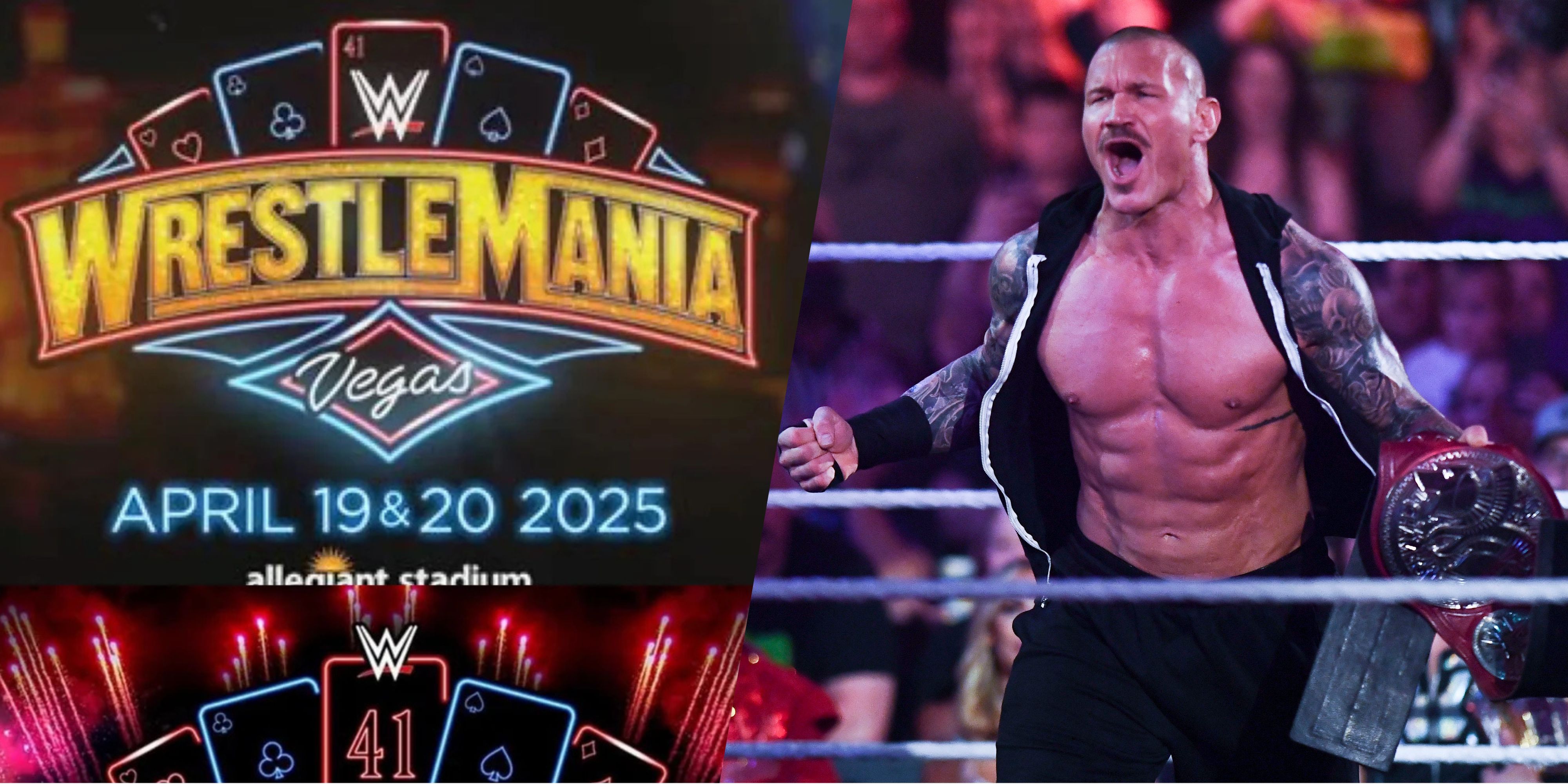 wrestlemania 41 logo next to randy orton shouting.