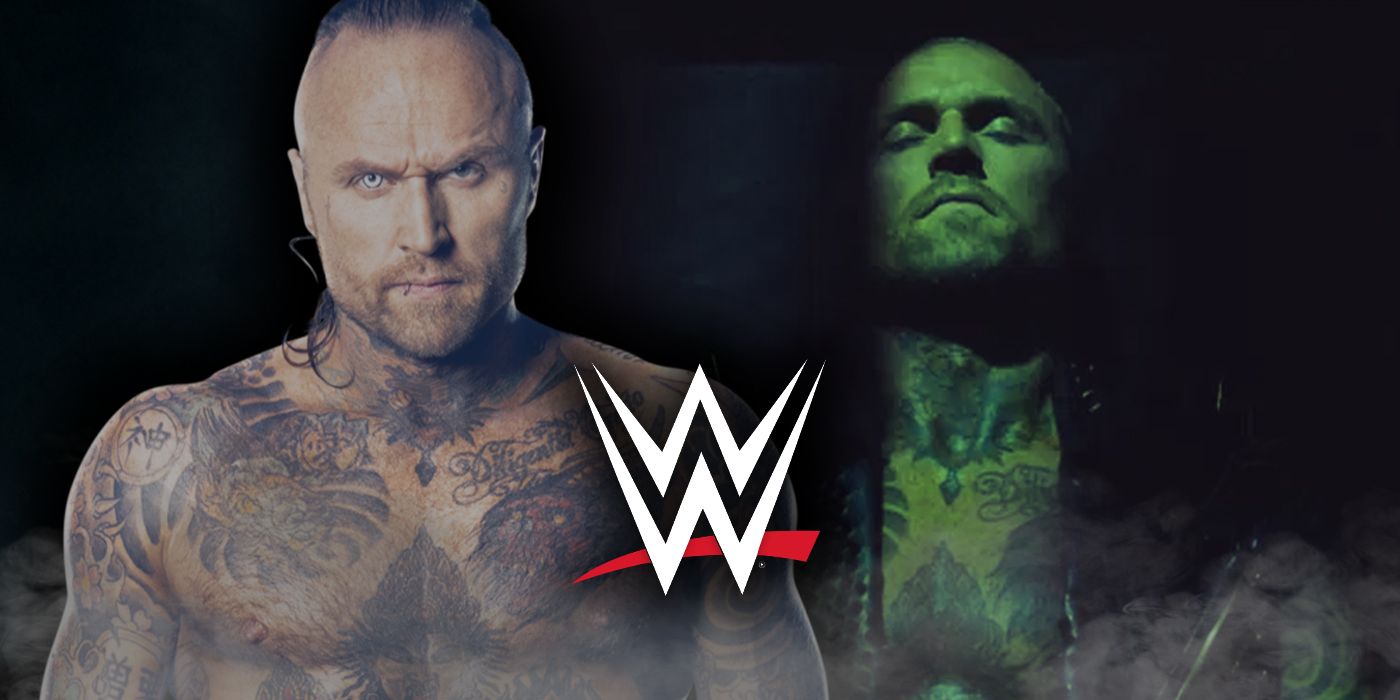 The WWE logo and Aleister Black