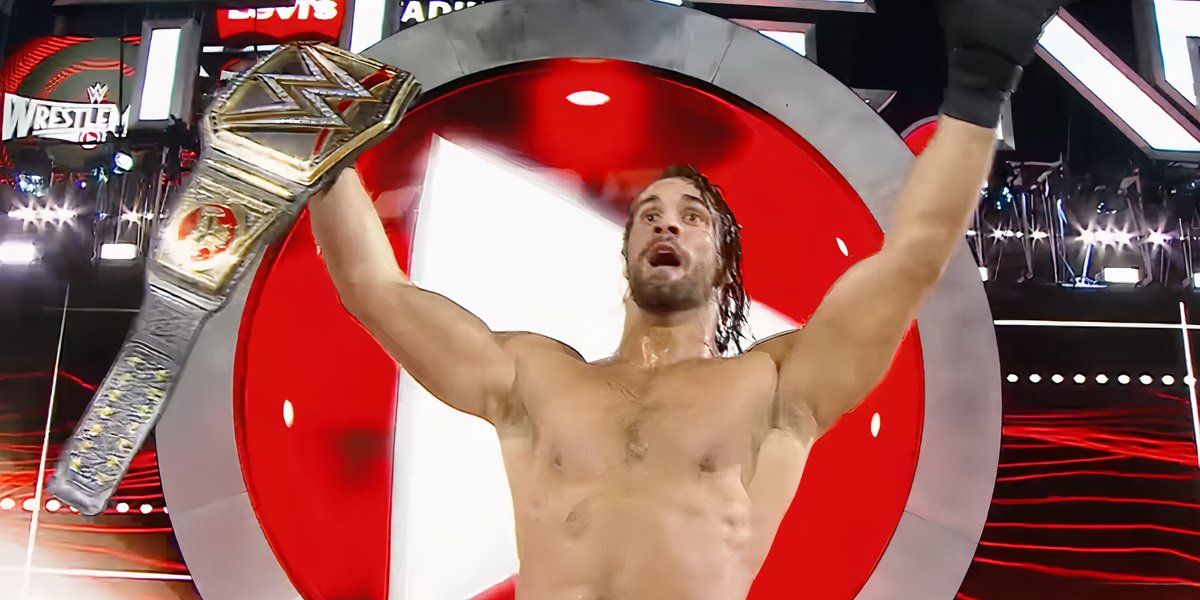 Seth Rollins celebrates as WWE World Heavyweight Champion at WWE WrestleMania 31