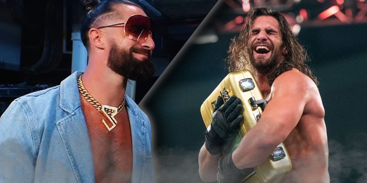 Seth Rollins backstage in WWE and holding the Money in the Bank briefcase