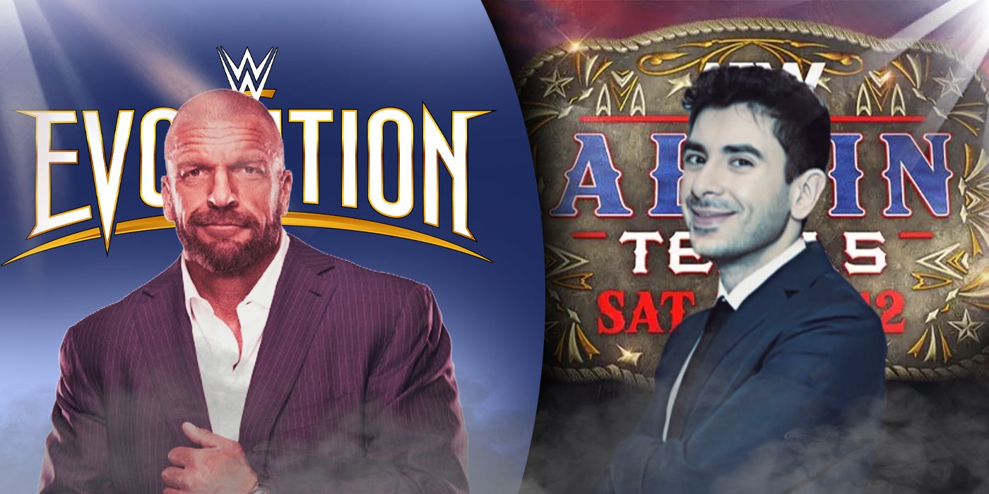 WWE's Triple H in front of Evolution graphic, AEW's Tony Khan in front of All In graphic