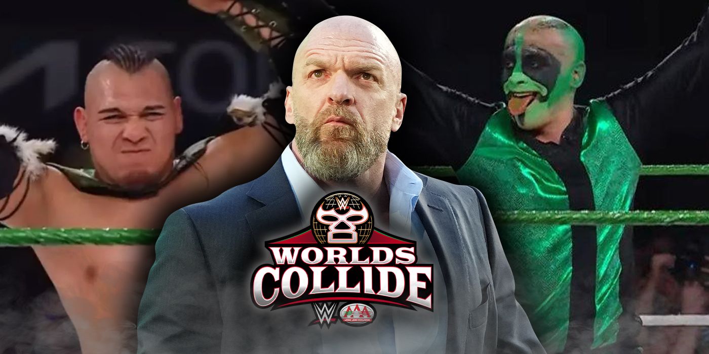 WWE AAA Worlds Collide logo with Vikingo, Triple H, and Mr. Iguana