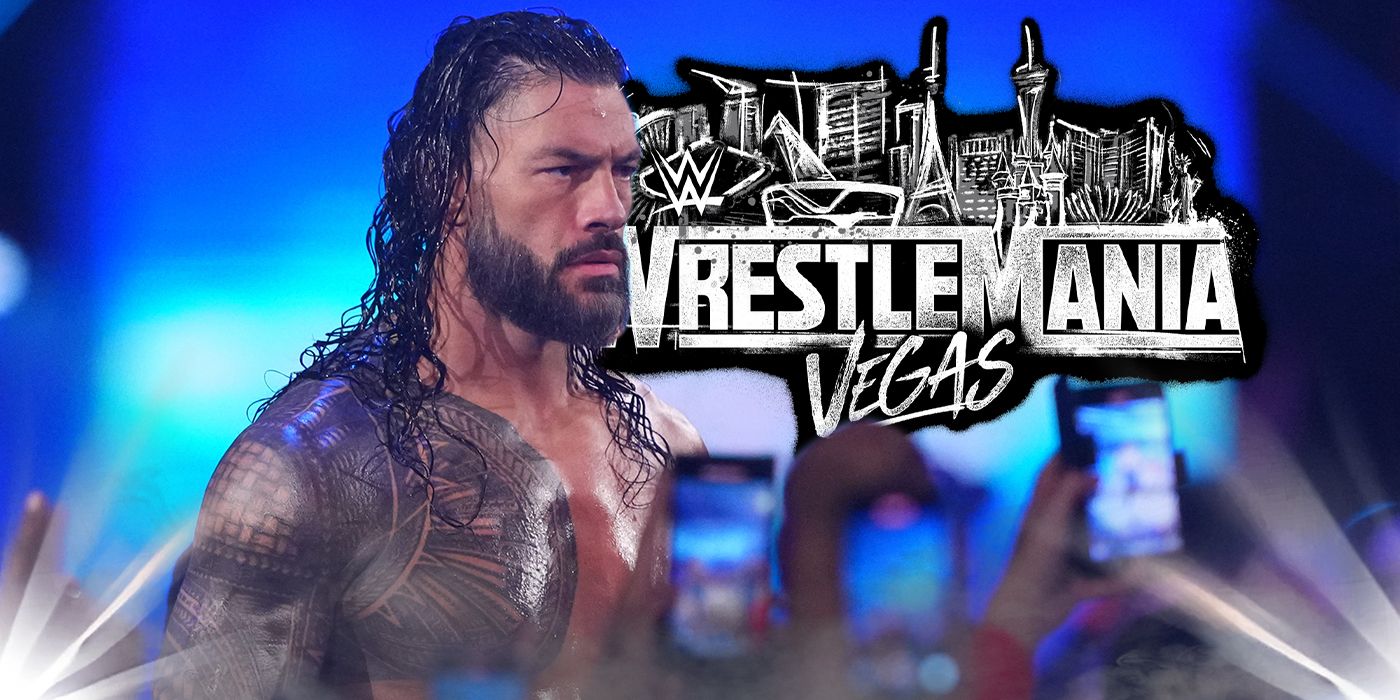 Roman Reigns and the WWE WrestleMania Las Vegas logo