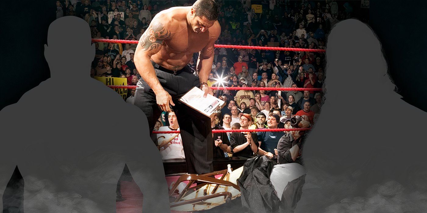 Batista in WWE and two silhouettes