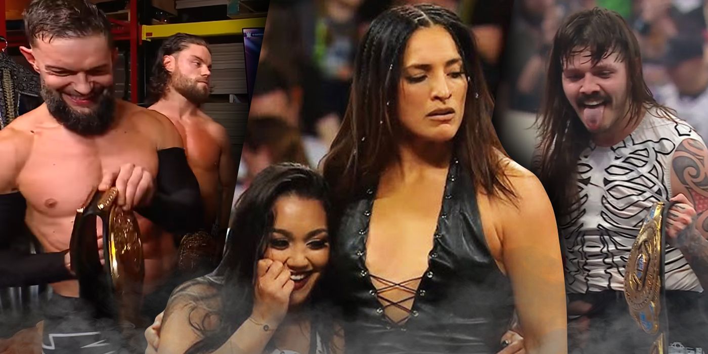 Finn Balor, JD McDonagh, Roxanne Perez, Raquel Rodriguez, and Dominik Mysterio in WWE
