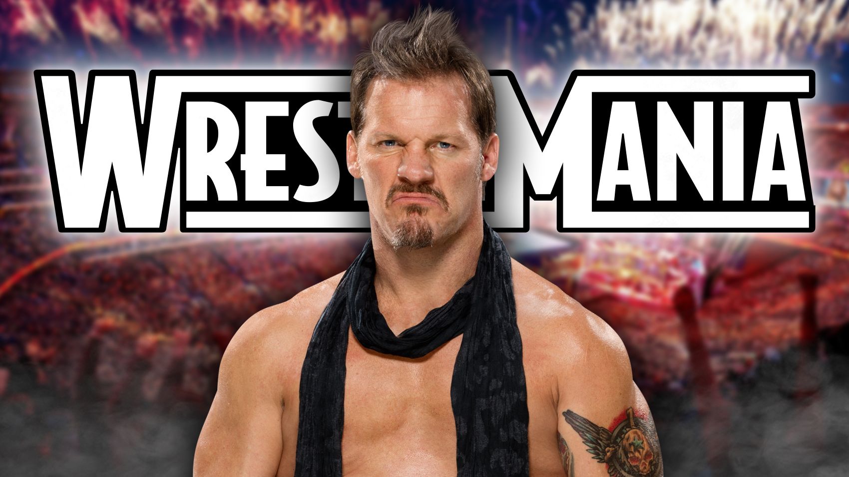 Chris Jericho in front of the WrestleMania logo