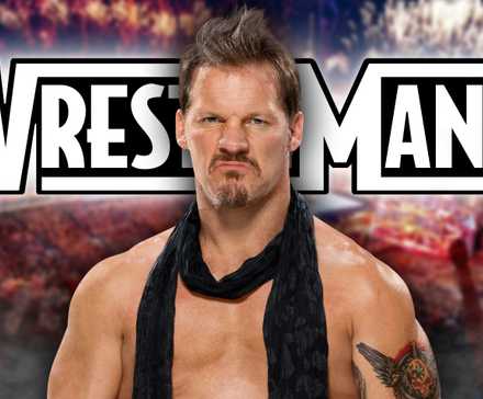Chris Jericho in front of the WrestleMania logo