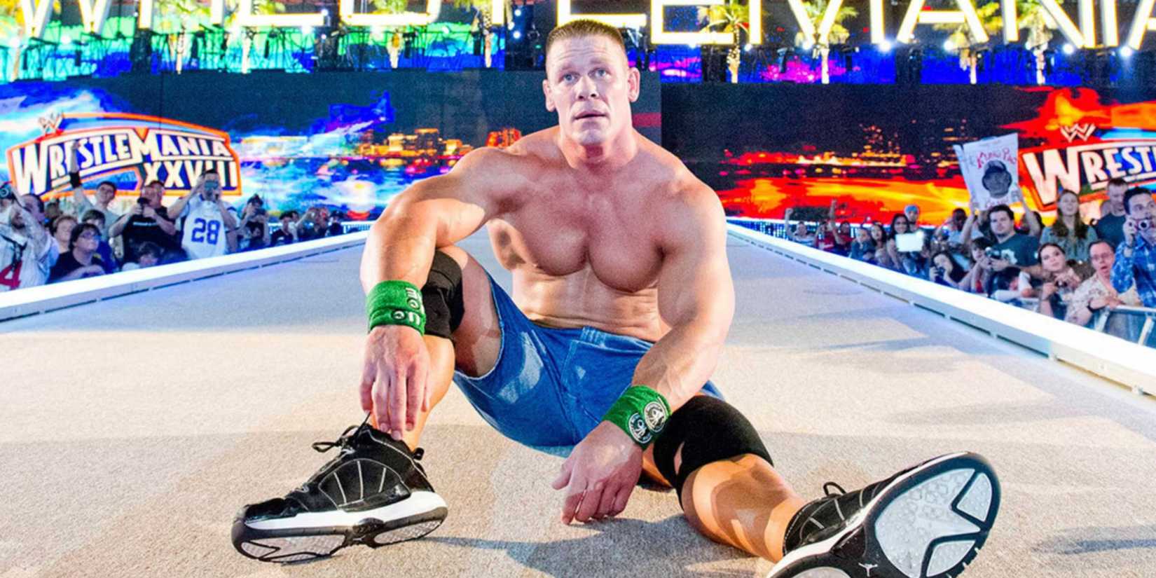 john cena sitting on the wrestlemania ramp.