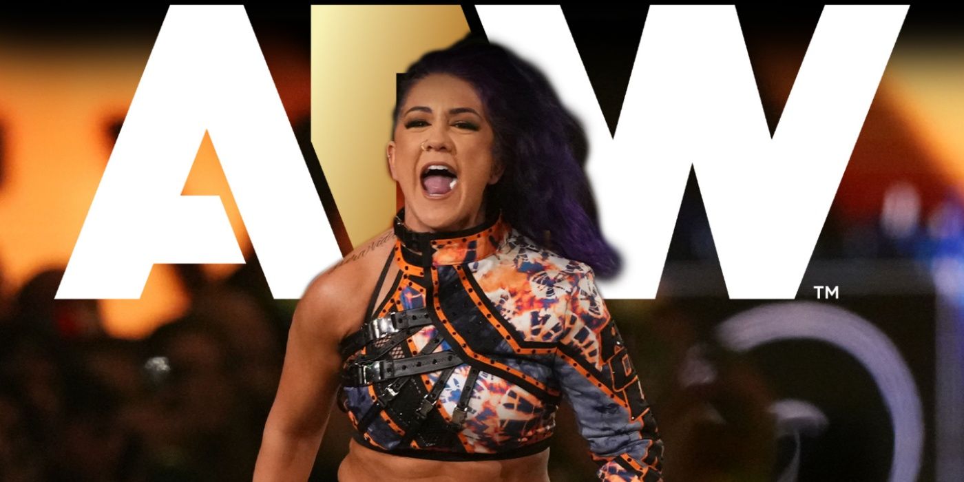 Bayley with the AEW logo behind her 