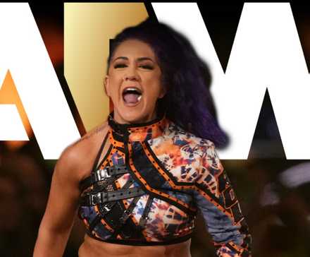 Bayley with the AEW logo behind her