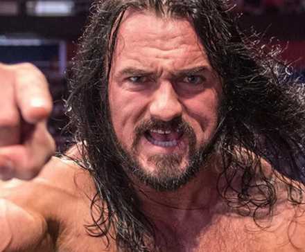 An angry Drew McIntyre pointing