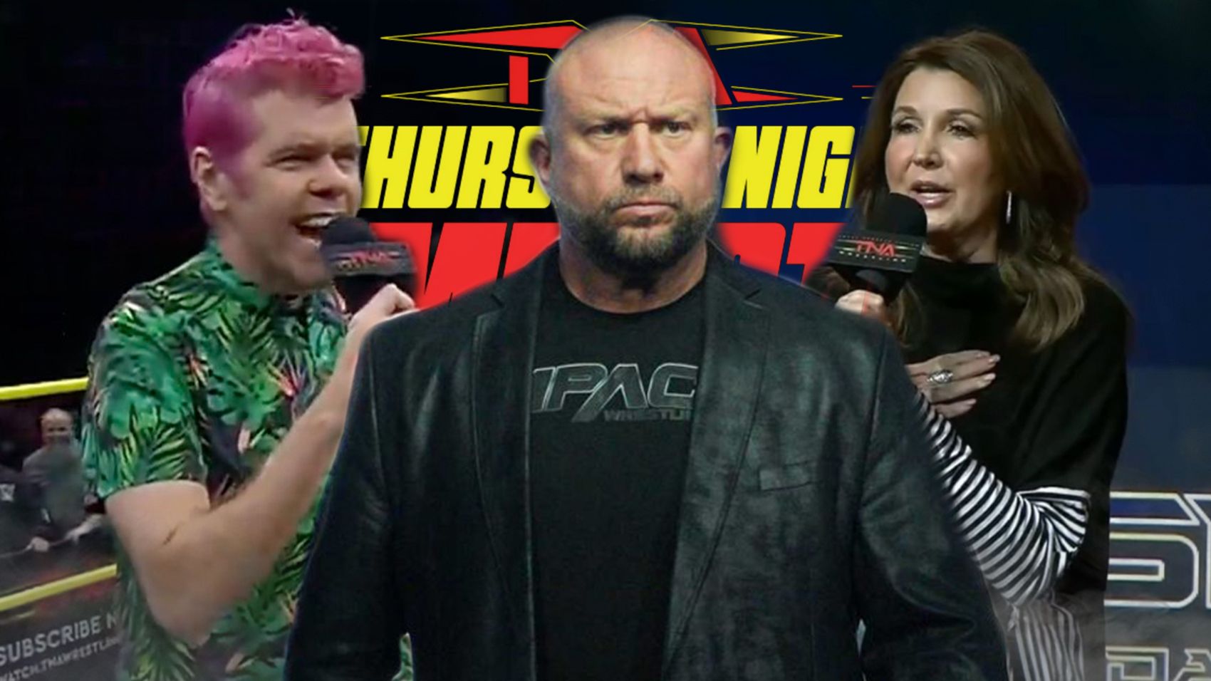 Perez Hilton, Bully Ray, and Dixie Carter in front of the TNA Impact logo